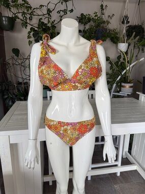 Vintage vibes Floral Tie-Shoulder halter Bikini Set in Orange & Pink XL